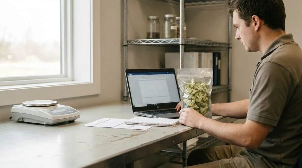 Quality manager comparing an organic certificate of inspection with a freeze-dried broccoli lot specification